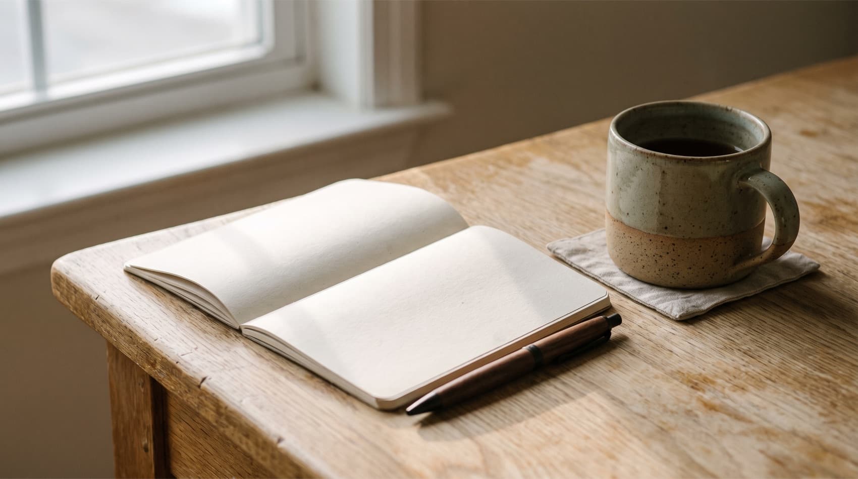 Pencere kenarındaki masada açık duran boş bir defter ve kalem